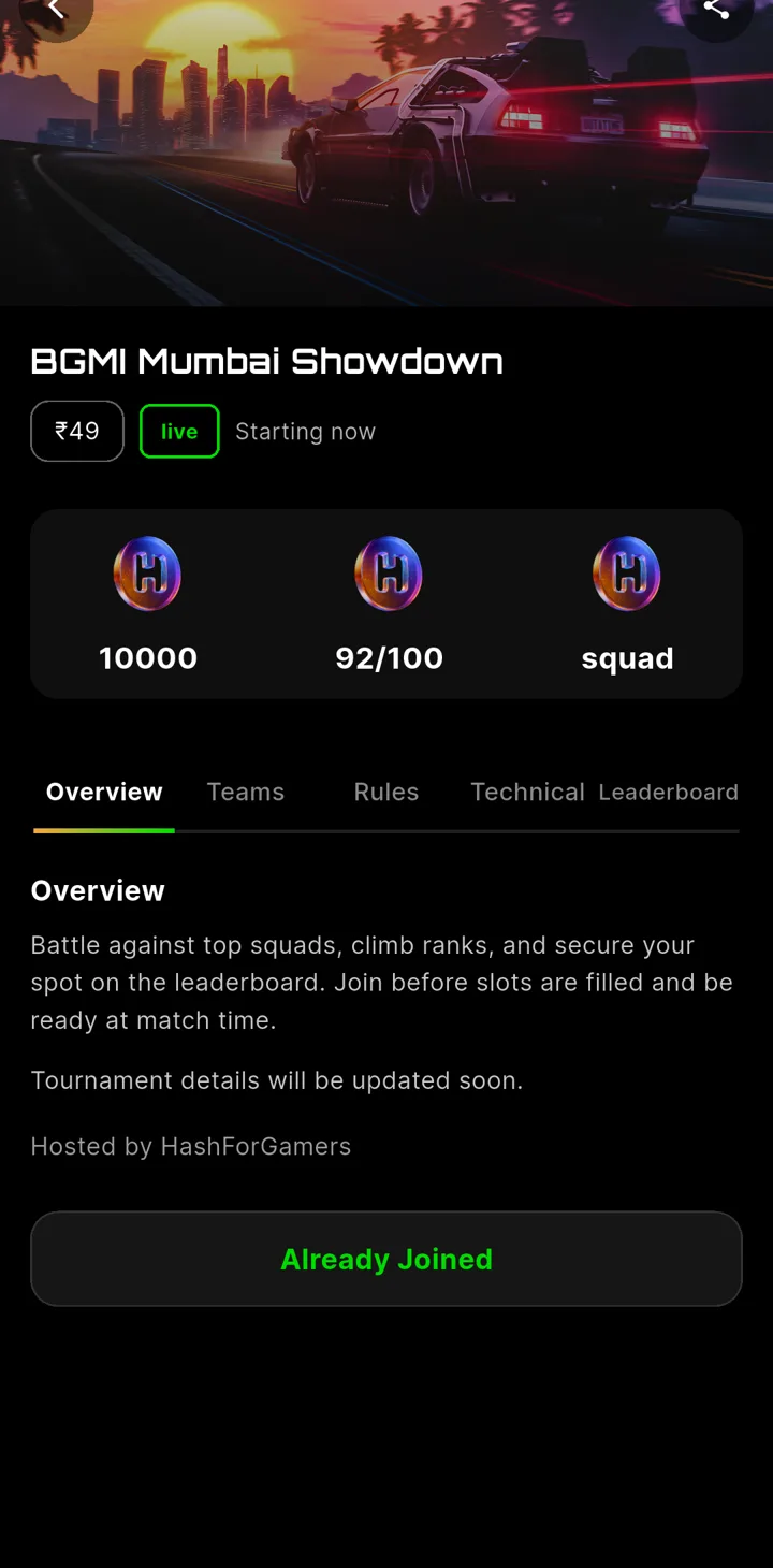 Hash app tournament detail with entry fee, prize pool, slots and tabs for teams, rules and leaderboard