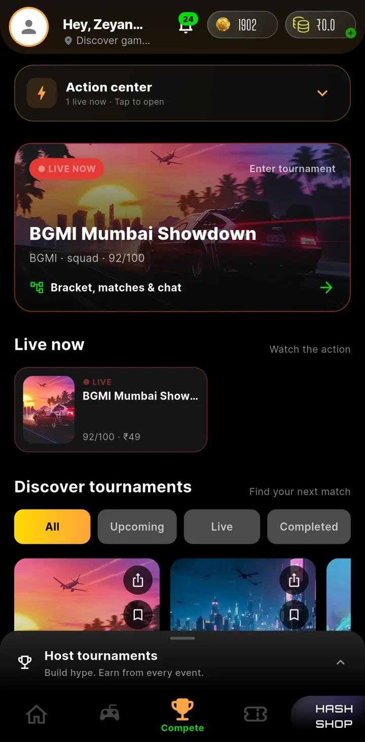 Hash app Compete tab with a live tournament and upcoming tournaments