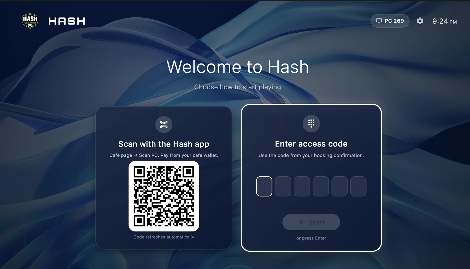 Hash kiosk lock screen with a QR code to scan in the Hash app and an access code entry